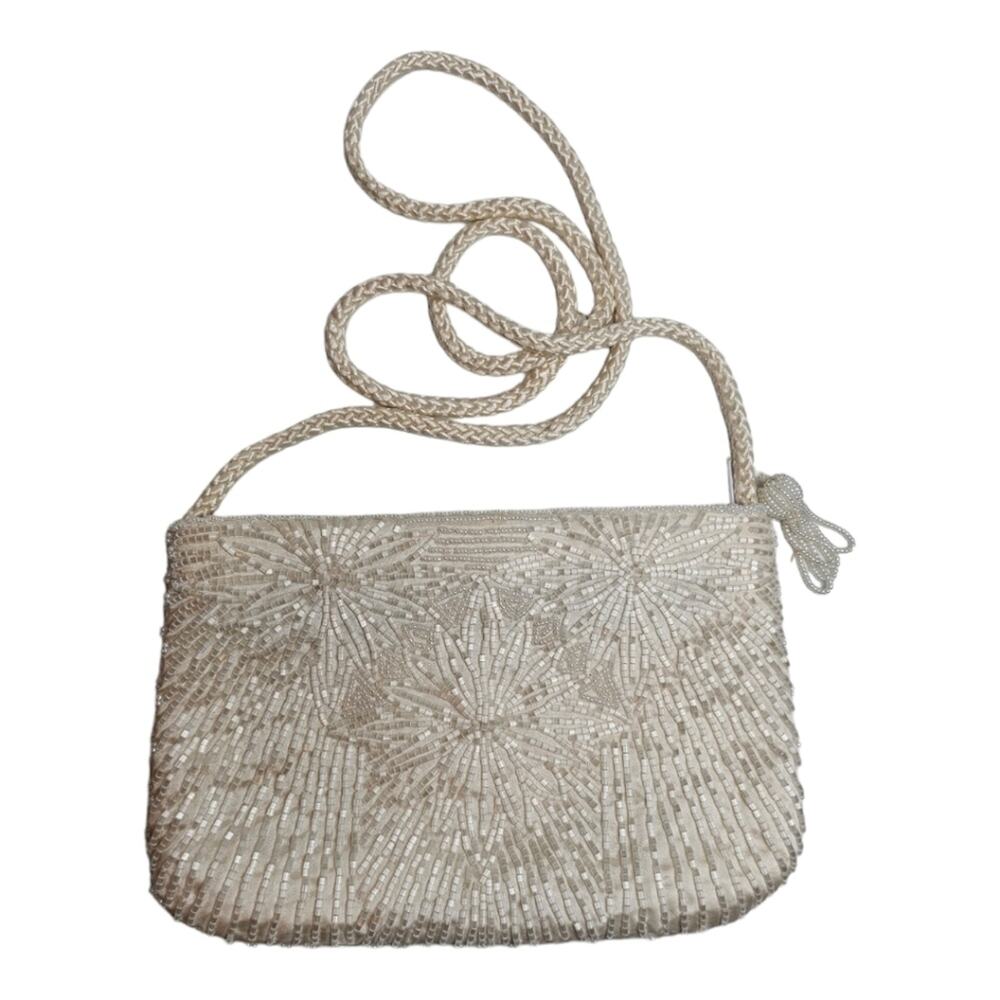 Walborg Beaded White Evening Zipped Shoulder Purse with Satin Roped Strap